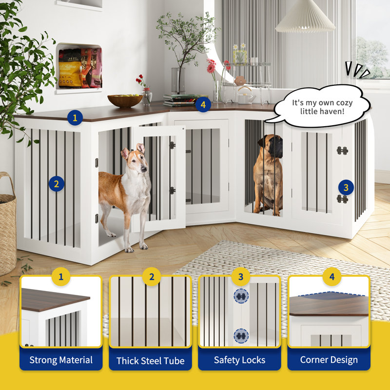 Large Dog Crate Furniture for 3 Dogs Corner Dog Crate with Lockable Doors Dog Kennel Crate Cage
